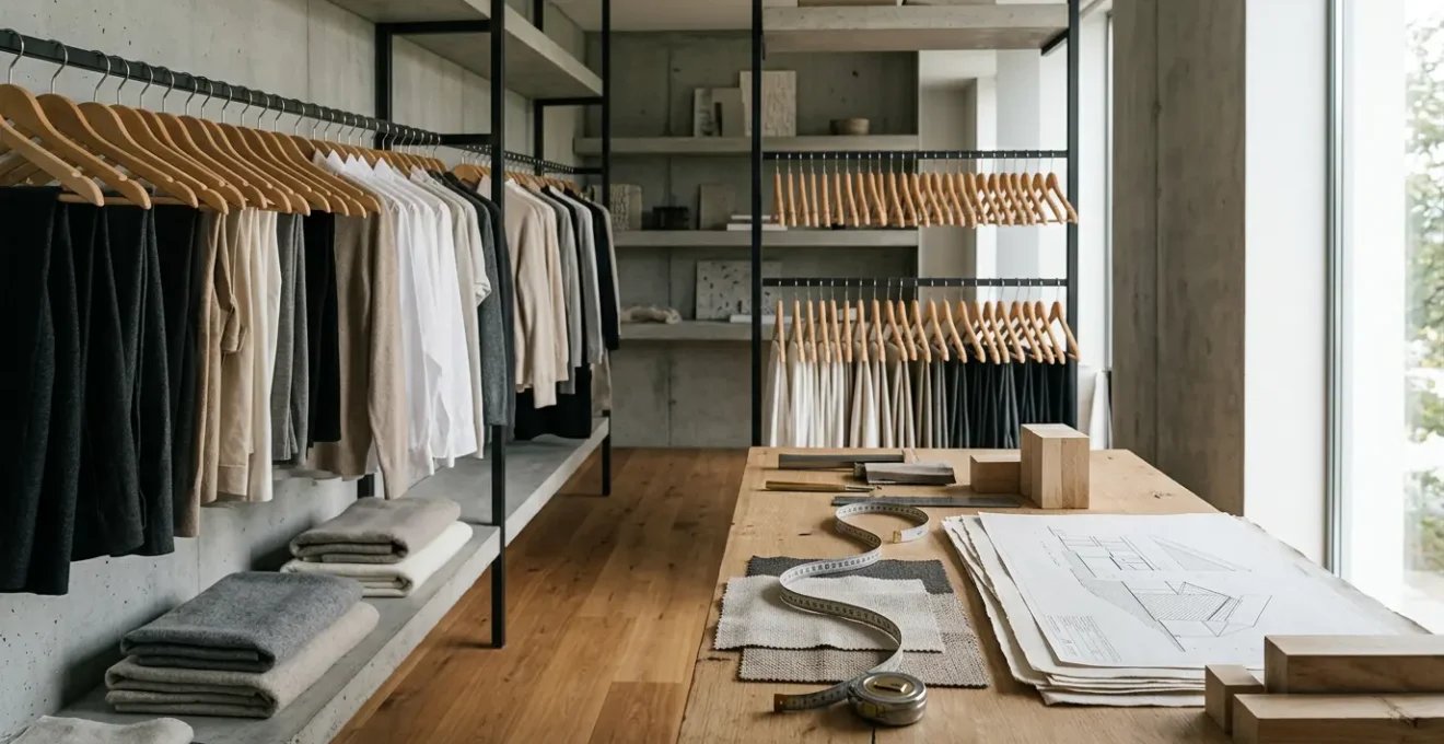 Minimalist wardrobe organization with architectural precision and neutral tones