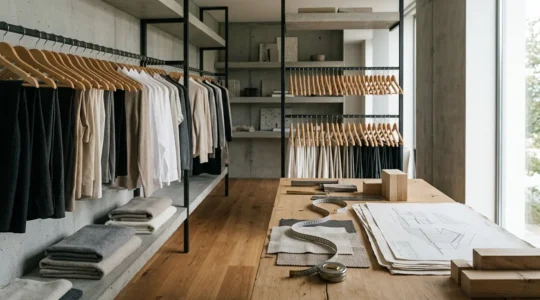 Minimalist wardrobe organization with architectural precision and neutral tones