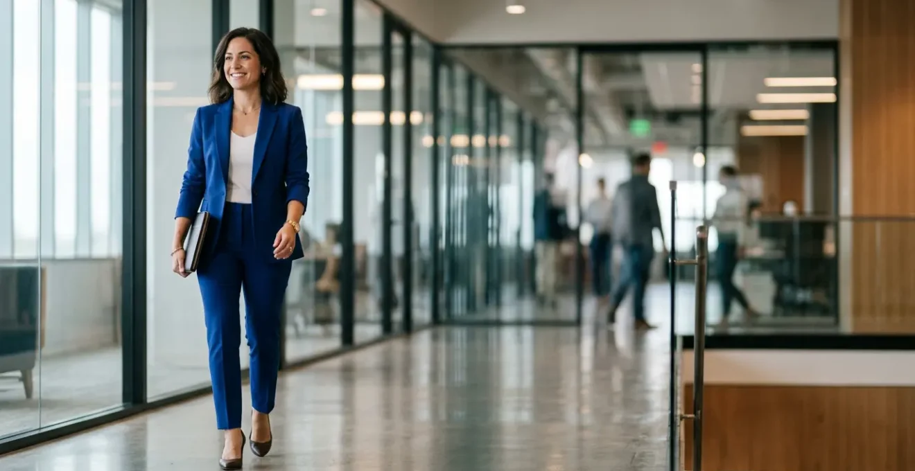 Professional woman in vibrant monochromatic corporate attire demonstrating bold color choice in modern workplace setting