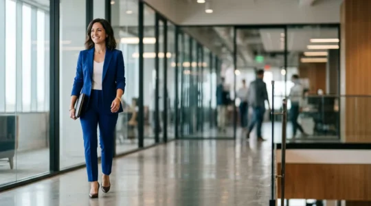 Professional woman in vibrant monochromatic corporate attire demonstrating bold color choice in modern workplace setting