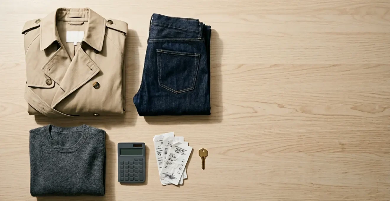 Overhead view of curated wardrobe essentials displaying quality investment pieces and cost comparison concept