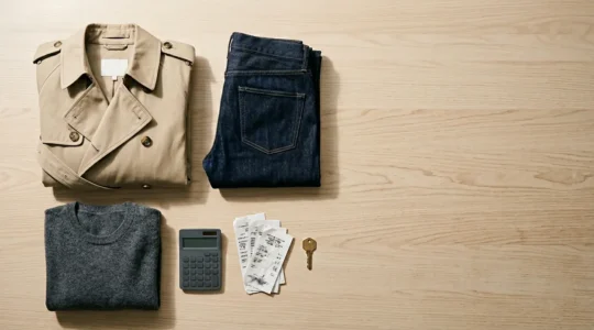 Overhead view of curated wardrobe essentials displaying quality investment pieces and cost comparison concept