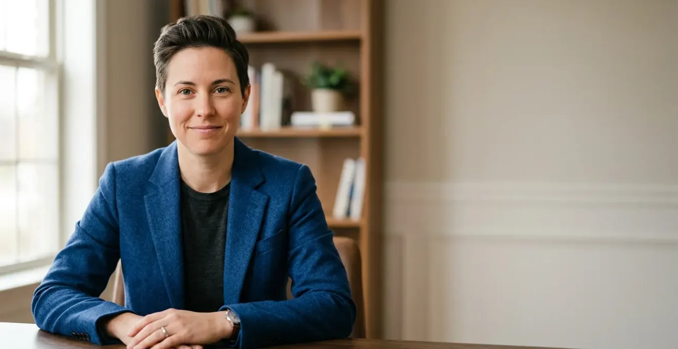 Professional wearing structured blazer in jewel-tone color during virtual video conference, exhibiting confident presence through strategic dressing