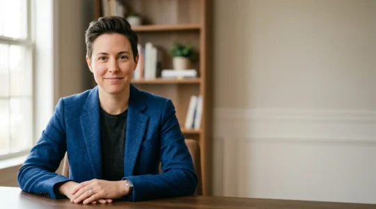 Professional wearing structured blazer in jewel-tone color during virtual video conference, exhibiting confident presence through strategic dressing
