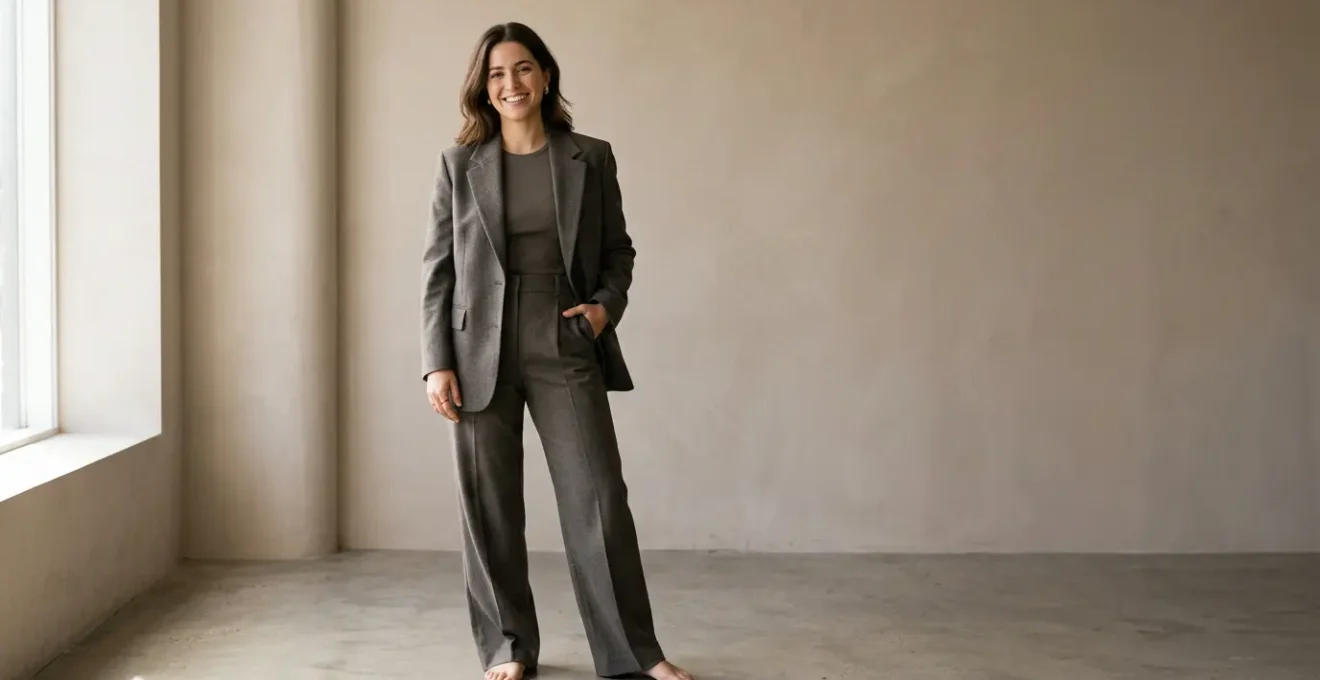 Confident woman in perfectly fitted modern clothing showcasing body-positive styling