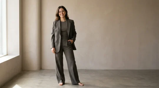 Confident woman in perfectly fitted modern clothing showcasing body-positive styling