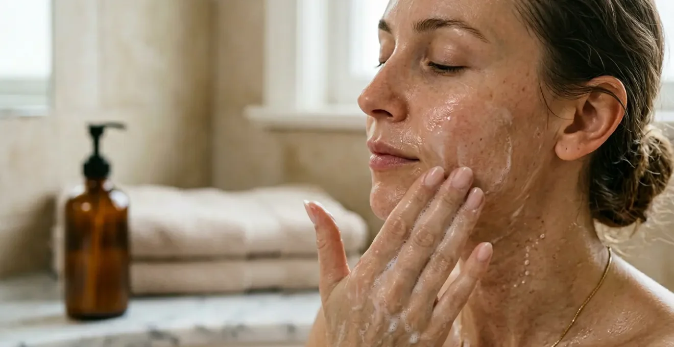 Close-up of hands gently massaging cleansing oil onto facial skin with water droplets
