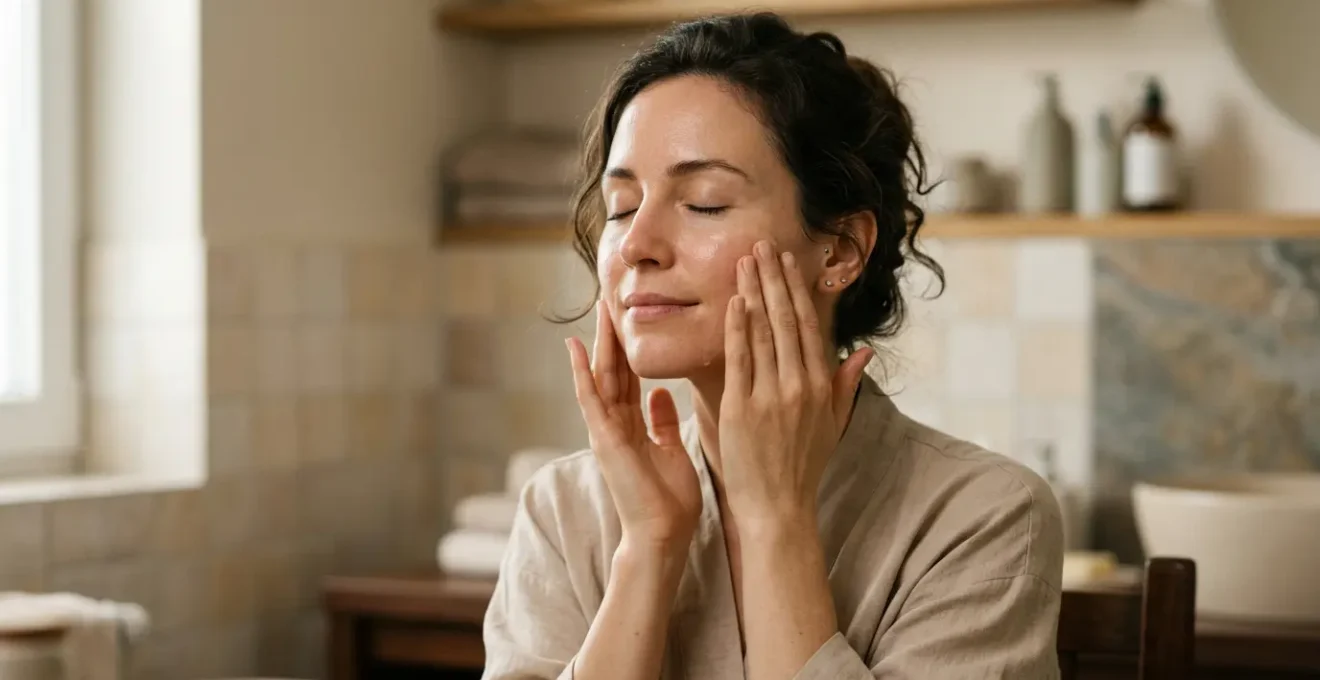 Person practicing mindful evening skincare routine in serene bathroom setting