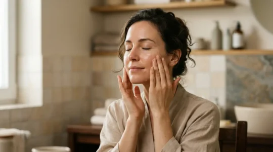 Person practicing mindful evening skincare routine in serene bathroom setting