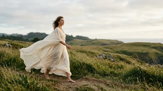 Woman in flowing silk dress outdoors with fabric catching natural breeze against clean background