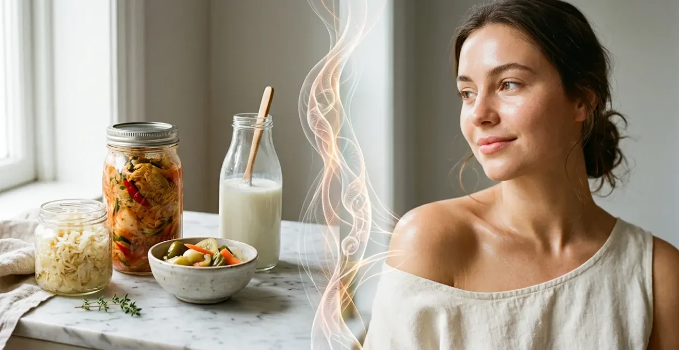 Editorial photograph showing the gut-skin axis concept through natural organic textures and scientific beauty