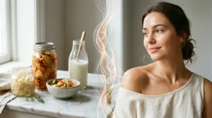 Editorial photograph showing the gut-skin axis concept through natural organic textures and scientific beauty