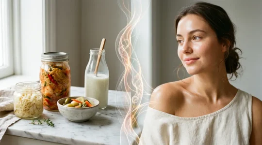 Editorial photograph showing the gut-skin axis concept through natural organic textures and scientific beauty