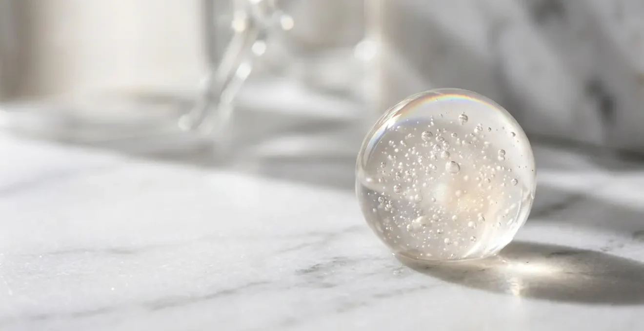 Close-up view of cosmetic lotion bottle with clean brandless design emphasizing texture and formulation