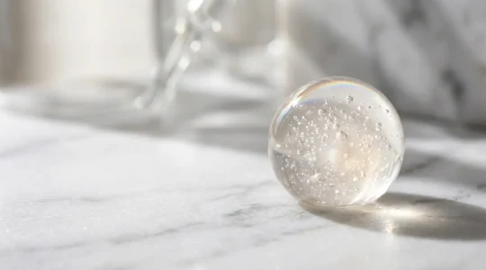 Close-up view of cosmetic lotion bottle with clean brandless design emphasizing texture and formulation