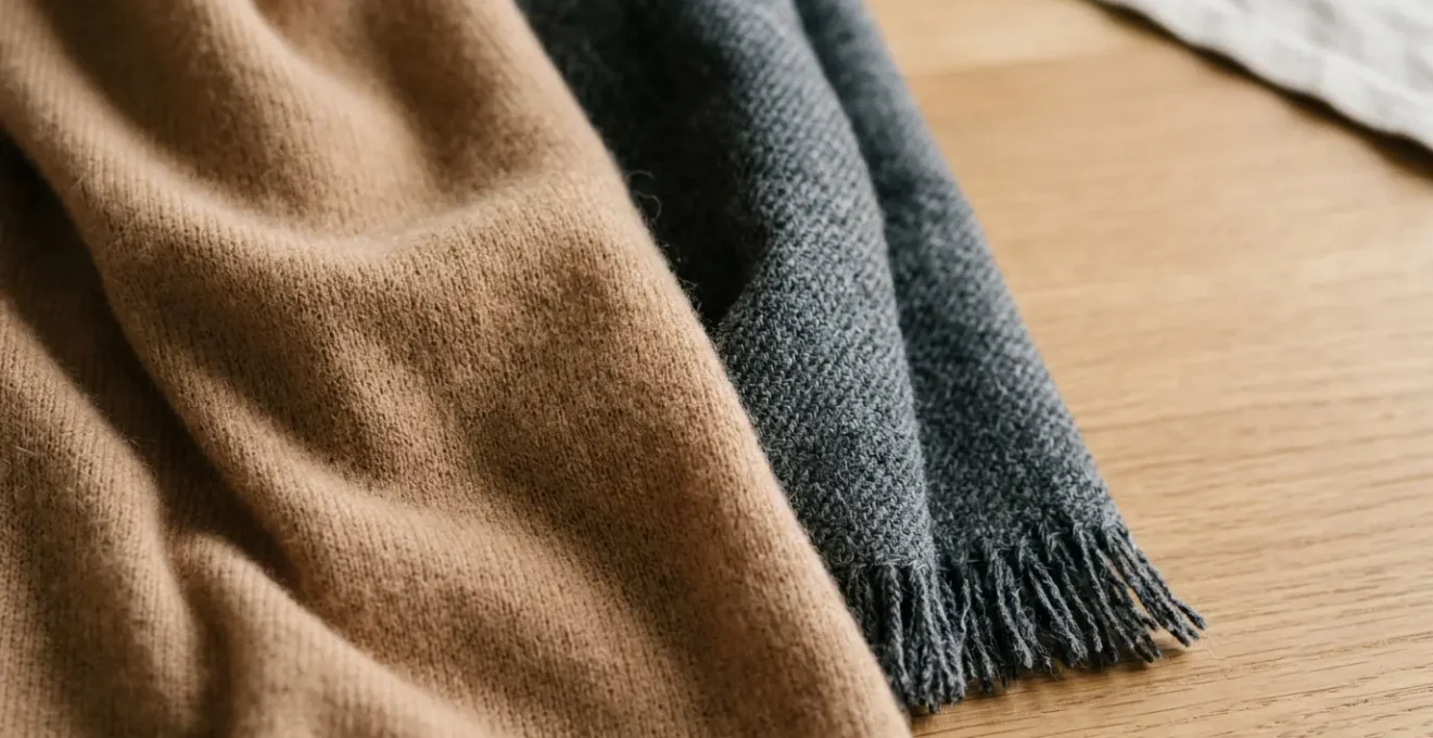 Close-up editorial photograph comparing premium cashmere and wool blend scarves showcasing texture and fiber quality differences