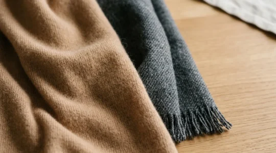 Close-up editorial photograph comparing premium cashmere and wool blend scarves showcasing texture and fiber quality differences