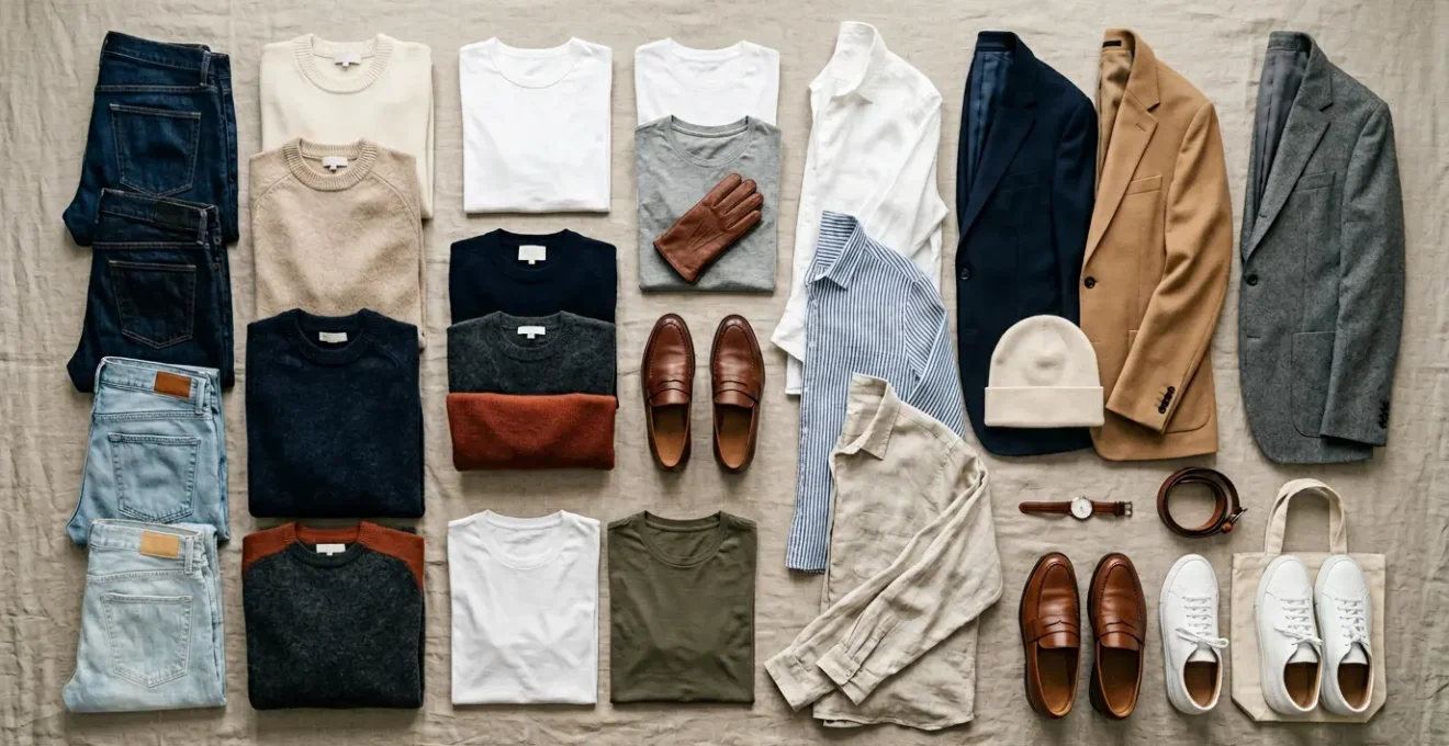 A carefully curated selection of essential clothing pieces arranged in a minimalist style