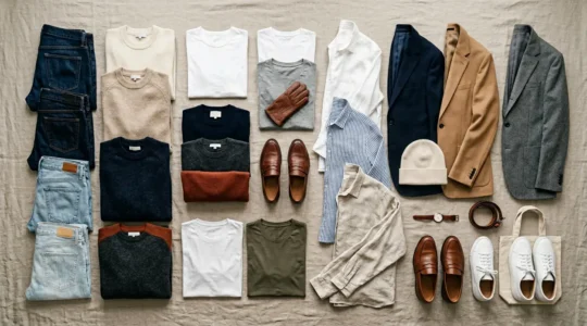 A carefully curated selection of essential clothing pieces arranged in a minimalist style