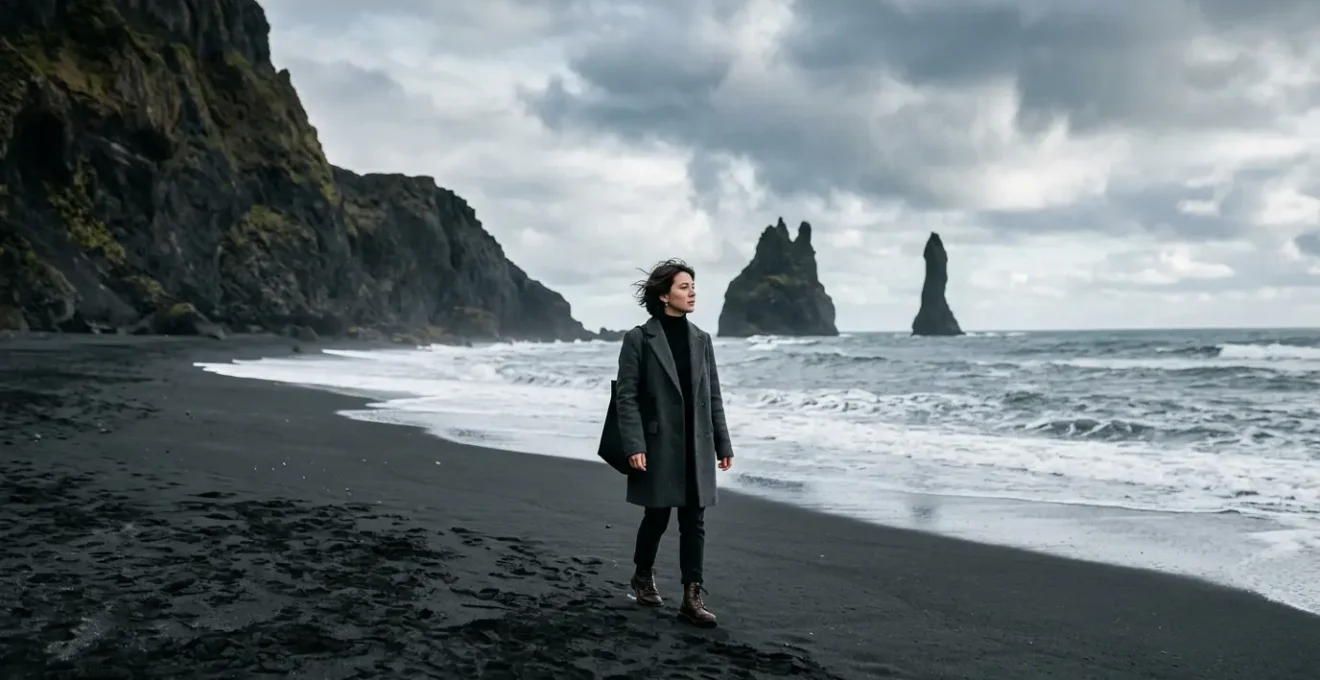 Sophisticated petite woman in monochromatic neutral layers showcasing vertical elongation technique