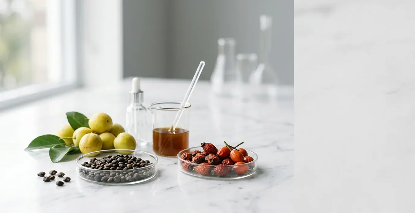 Professional editorial beauty composition showcasing natural botanical extracts and scientific skincare analysis