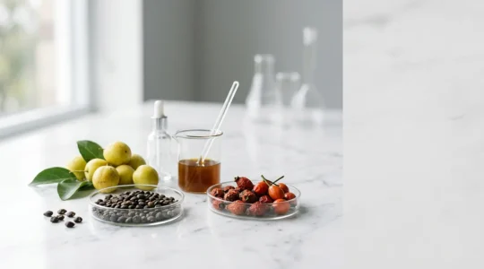 Professional editorial beauty composition showcasing natural botanical extracts and scientific skincare analysis