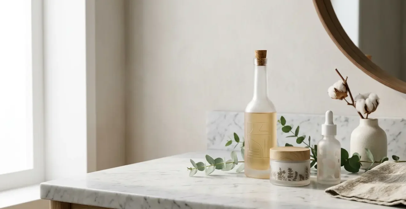 Close-up composition showcasing clean beauty products and healthy skin barrier concept in natural editorial style