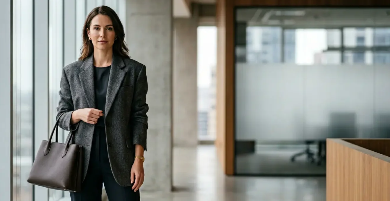 Professional woman in an intentionally oversized wool blazer with precise shoulder seam placement, styled with structured accessories in a modern office setting