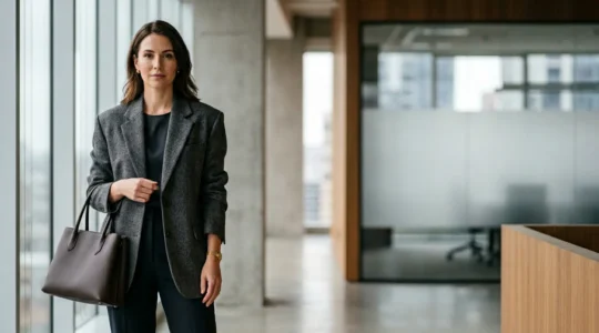 Professional woman in an intentionally oversized wool blazer with precise shoulder seam placement, styled with structured accessories in a modern office setting