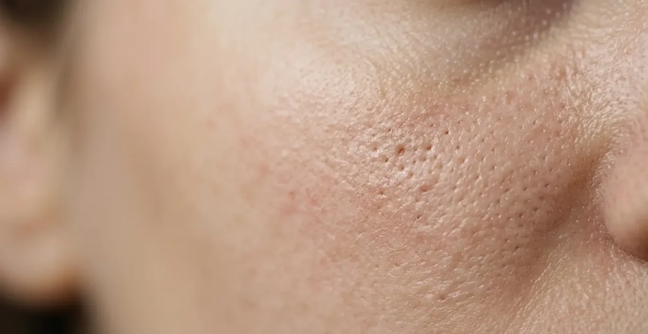 Close-up of clear skin texture with subtle pore details showing the contrast between healthy and congested pores in natural light