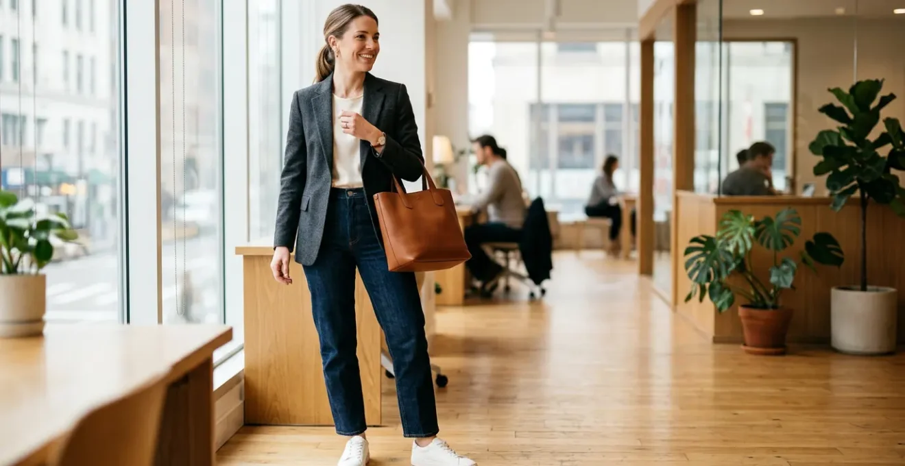 Professional woman in dark wash jeans and leather fashion sneakers styled with tailored blazer for casual client meeting, modern business casual aesthetic