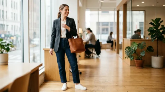 Professional woman in dark wash jeans and leather fashion sneakers styled with tailored blazer for casual client meeting, modern business casual aesthetic