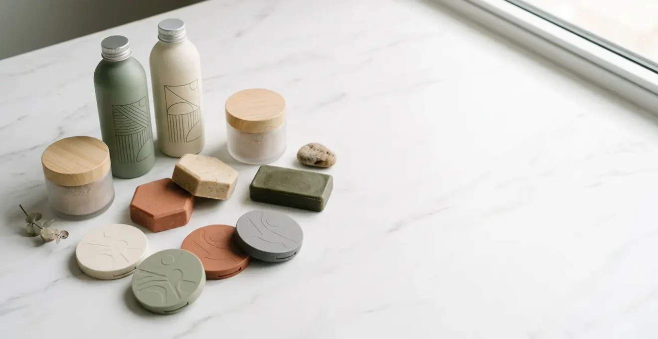 Minimalist travel beauty routine with powder cosmetics and solid products arranged on clean white surface