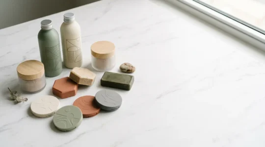 Minimalist travel beauty routine with powder cosmetics and solid products arranged on clean white surface