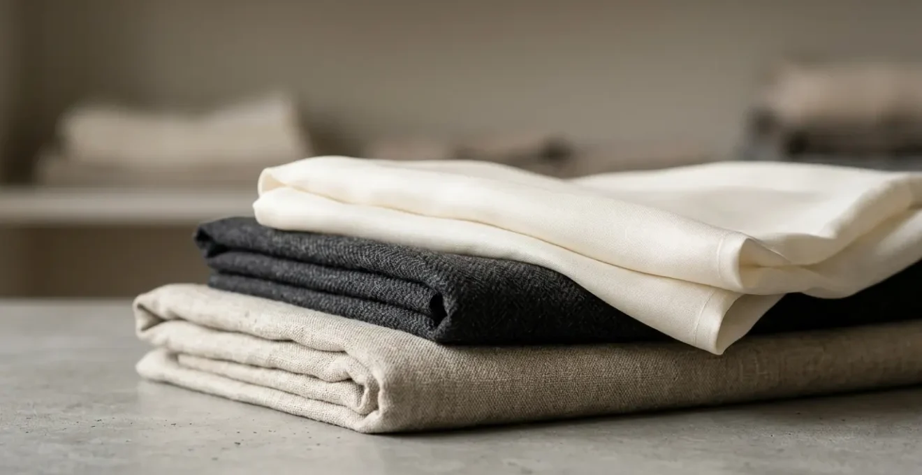 Close-up of high-quality wool and silk fabric texture showing natural fibers and craftsmanship