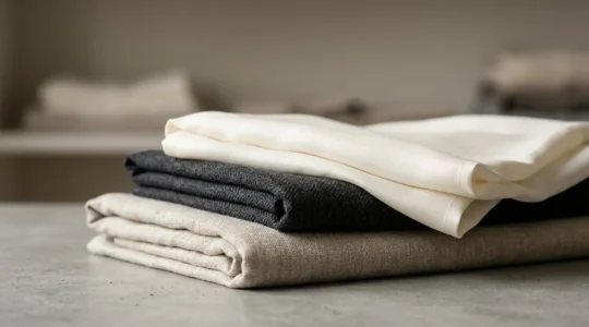 Close-up of high-quality wool and silk fabric texture showing natural fibers and craftsmanship