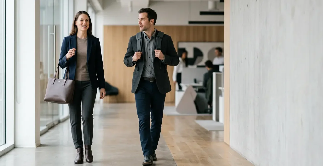 Side-by-side comparison of professional carrying a tote and a backpack in an office environment showing posture differences