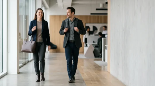 Side-by-side comparison of professional carrying a tote and a backpack in an office environment showing posture differences