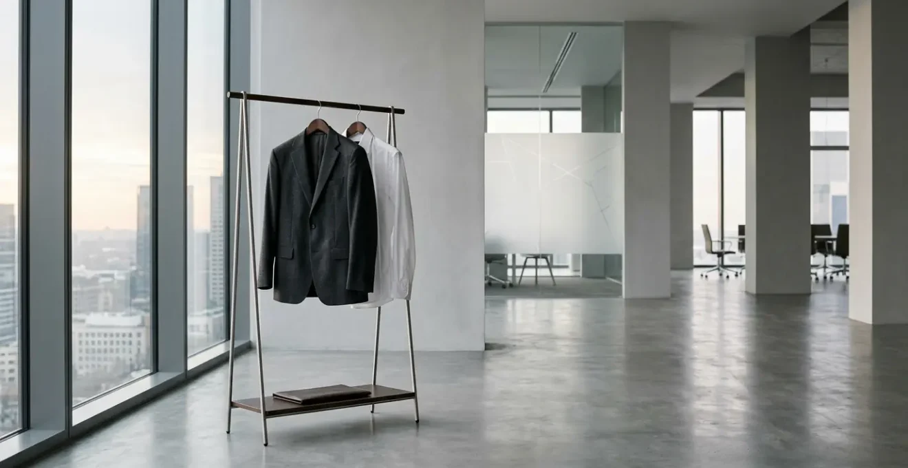 Professional attire displayed in natural light showing structured tailored garments representing confidence and authority in business settings