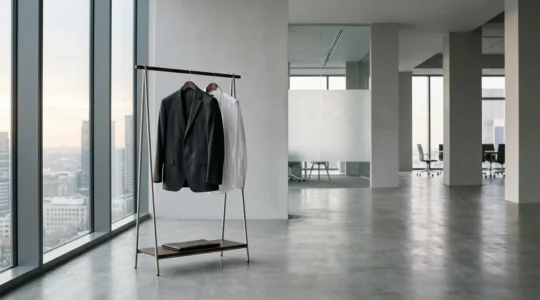 Professional attire displayed in natural light showing structured tailored garments representing confidence and authority in business settings