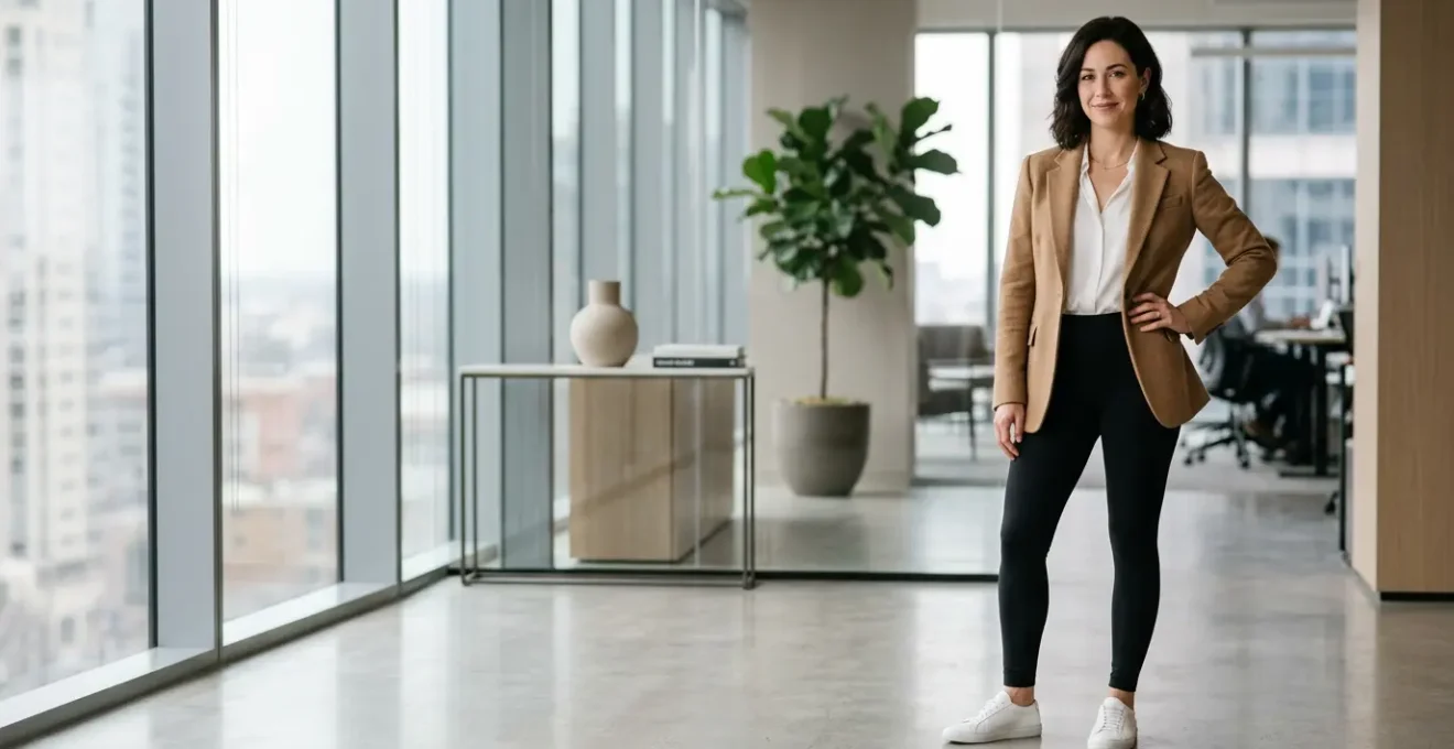 Confident professional woman in polished athleisure outfit combining structured blazer with sleek leggings in modern office setting