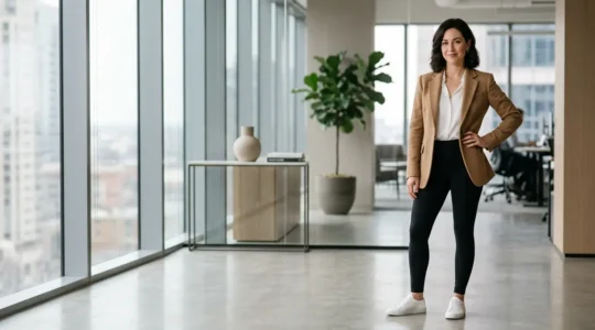 Confident professional woman in polished athleisure outfit combining structured blazer with sleek leggings in modern office setting