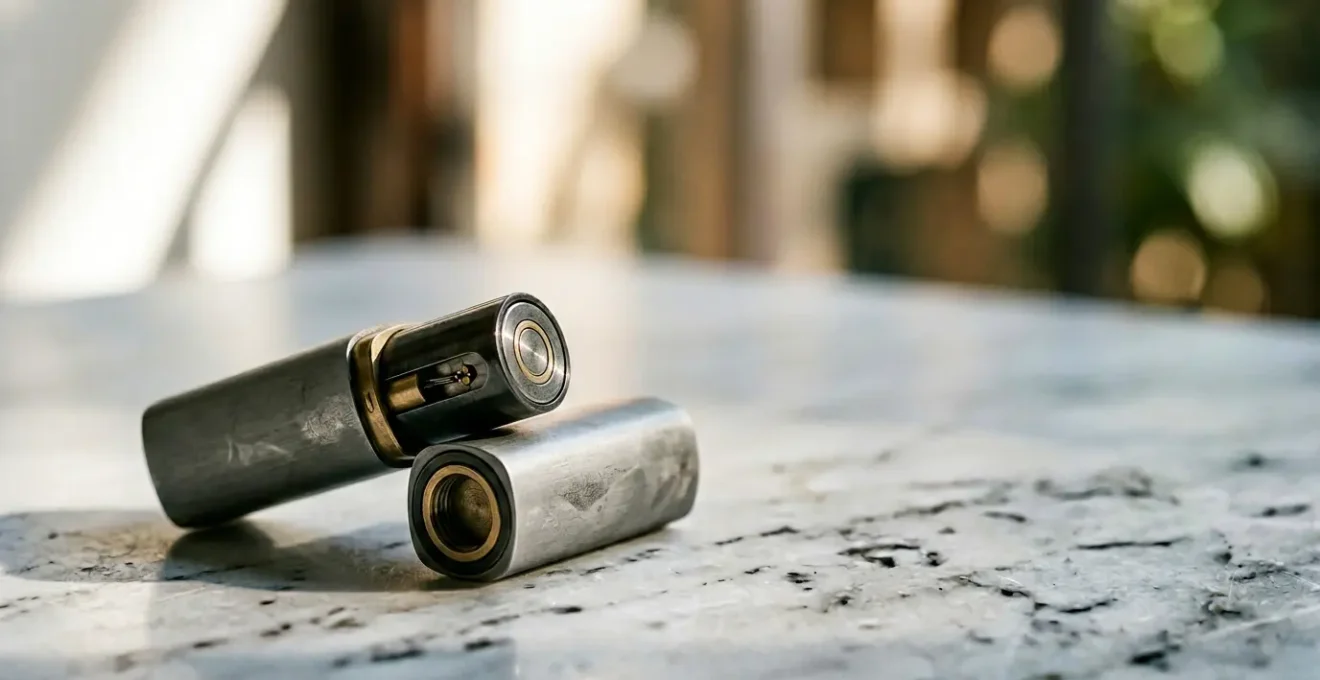 Elegant refillable lipstick case with metallic finish and magnetic refill system on minimalist surface