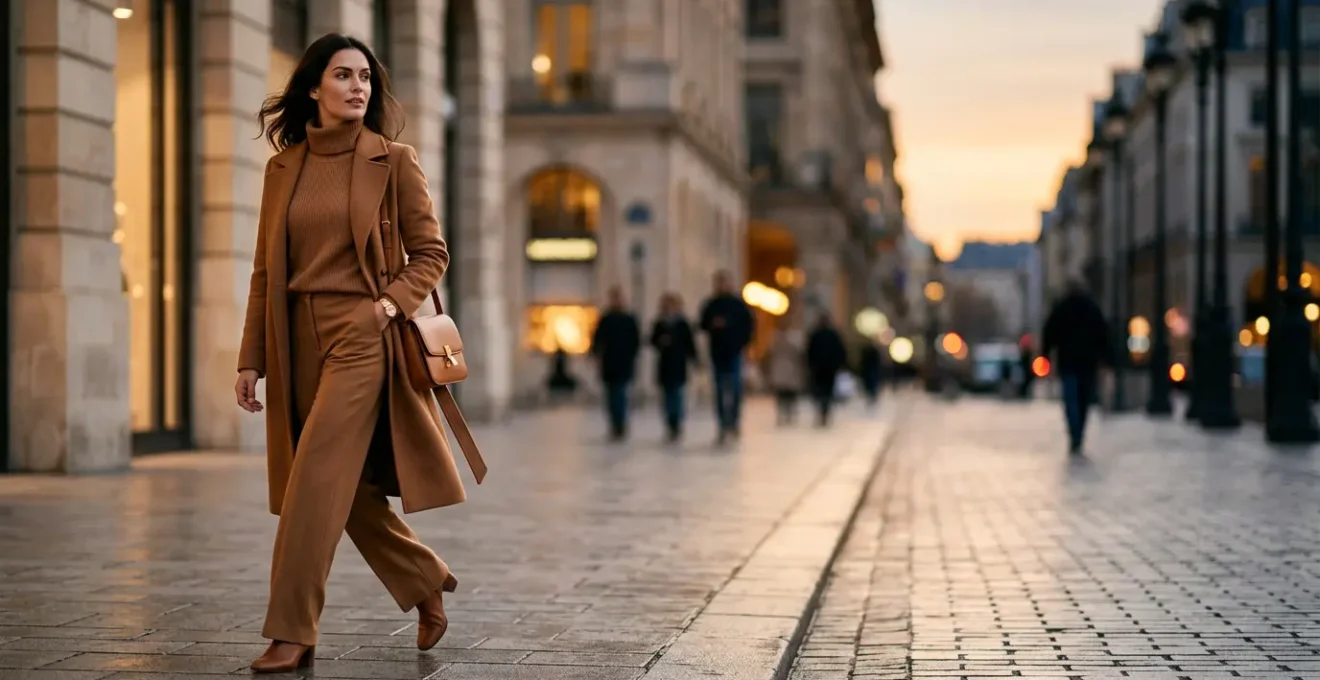 A sophisticated tonal outfit demonstrating seamless day-to-night fashion transition in monochromatic styling