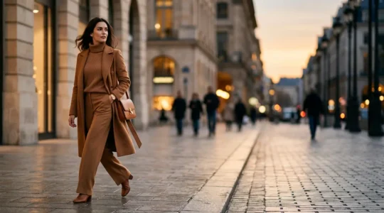 A sophisticated tonal outfit demonstrating seamless day-to-night fashion transition in monochromatic styling