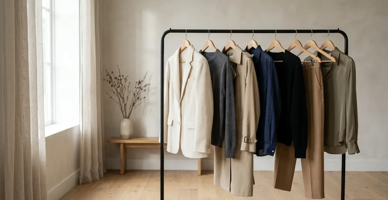 A thoughtfully curated wardrobe scene showcasing timeless pieces and personal style development beyond fast fashion trends