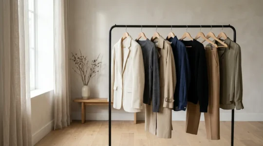 A thoughtfully curated wardrobe scene showcasing timeless pieces and personal style development beyond fast fashion trends
