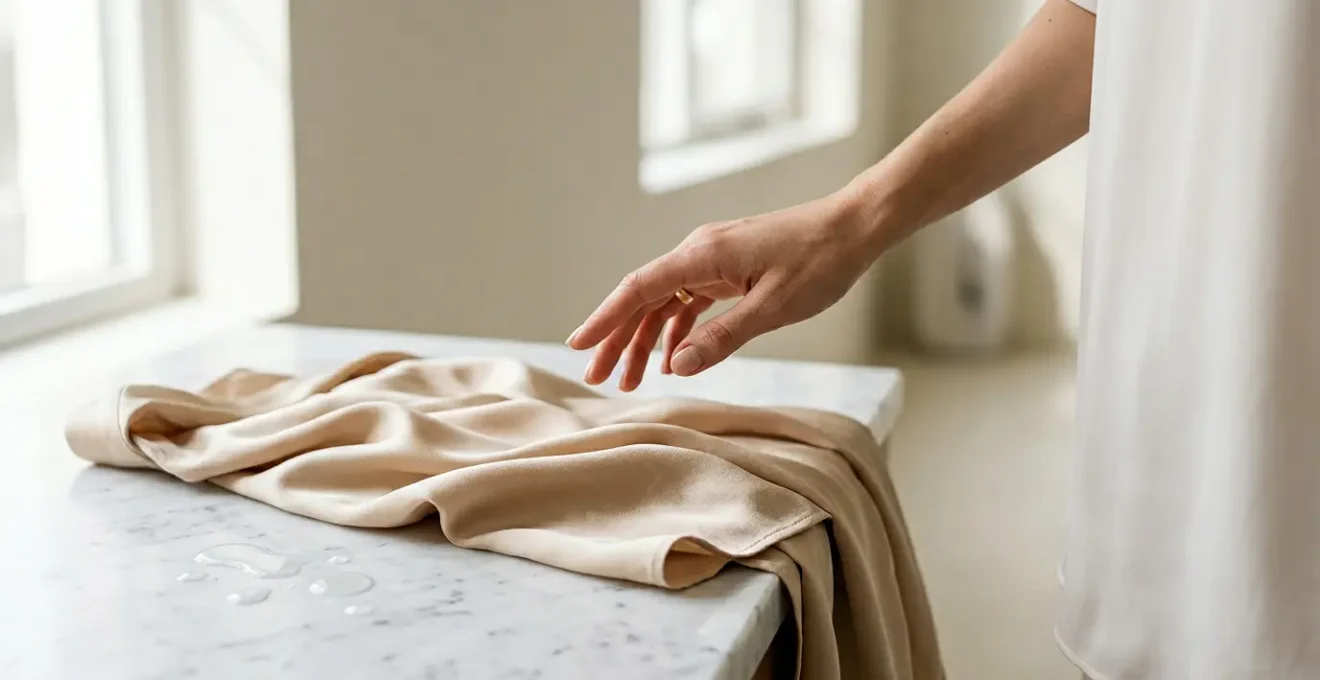 Delicate silk blouse carefully positioned on clean white surface with subtle water droplets and natural lighting showcasing fabric texture