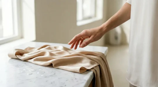 Delicate silk blouse carefully positioned on clean white surface with subtle water droplets and natural lighting showcasing fabric texture