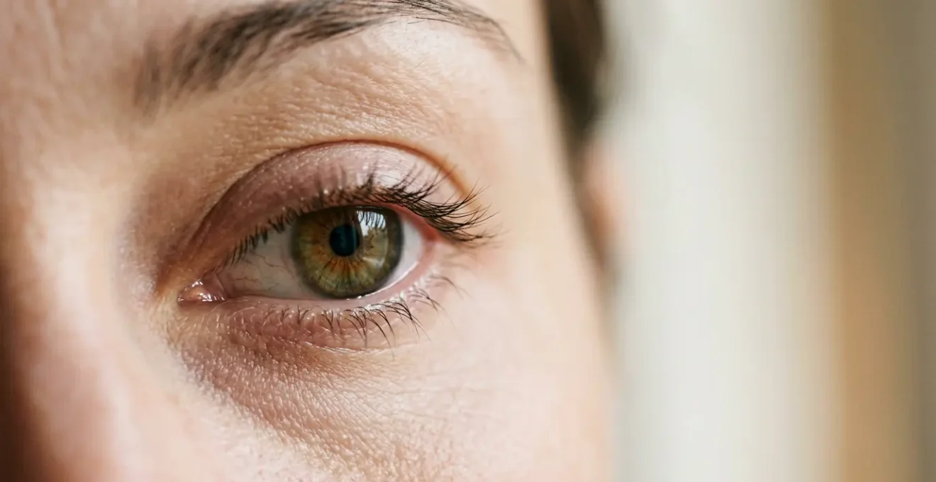 Close-up of eye area showing the effects of overnight mascara wear on skin and lashes